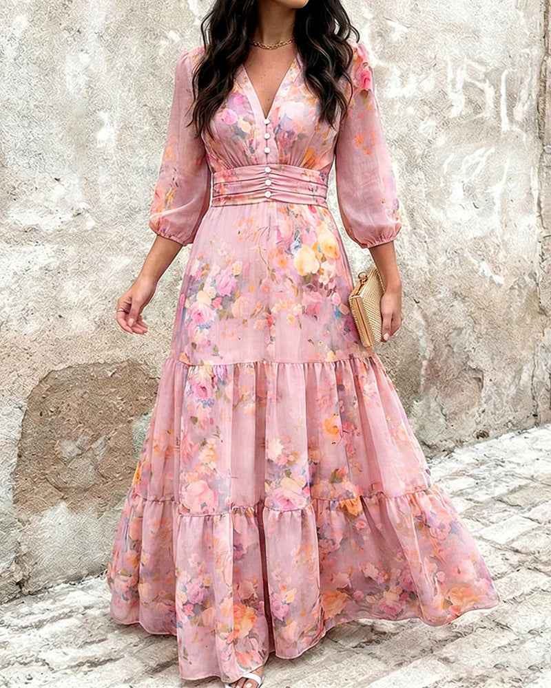 Pink floral tiered maxi dress from Chic Trendy Boutique