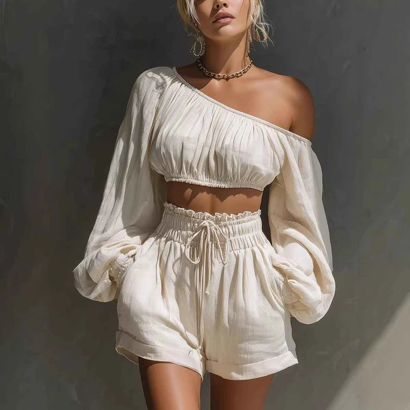 White one-shoulder linen short set from Chic Trendy Boutique