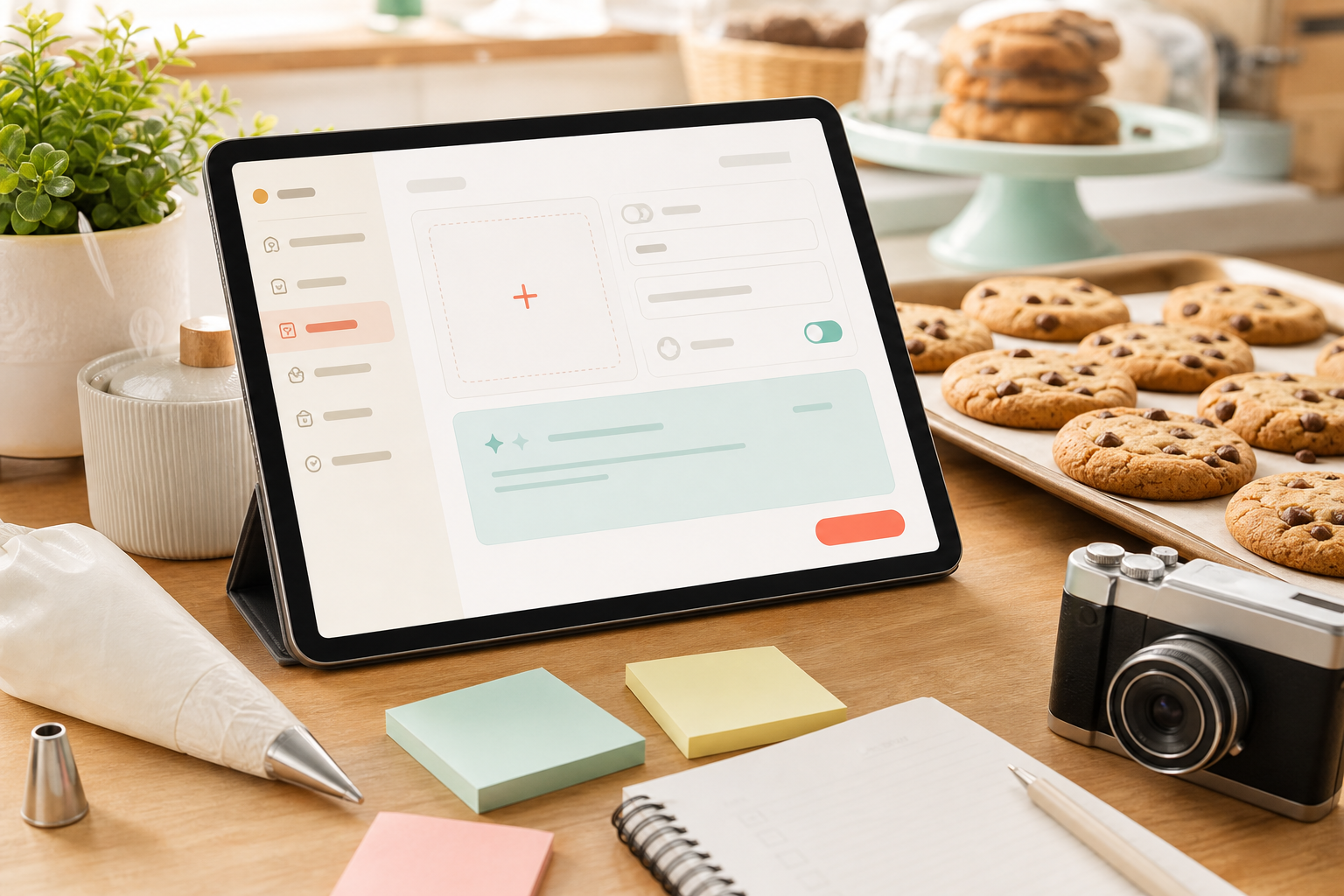 Tablet on a bakery counter showing a simple product editing interface