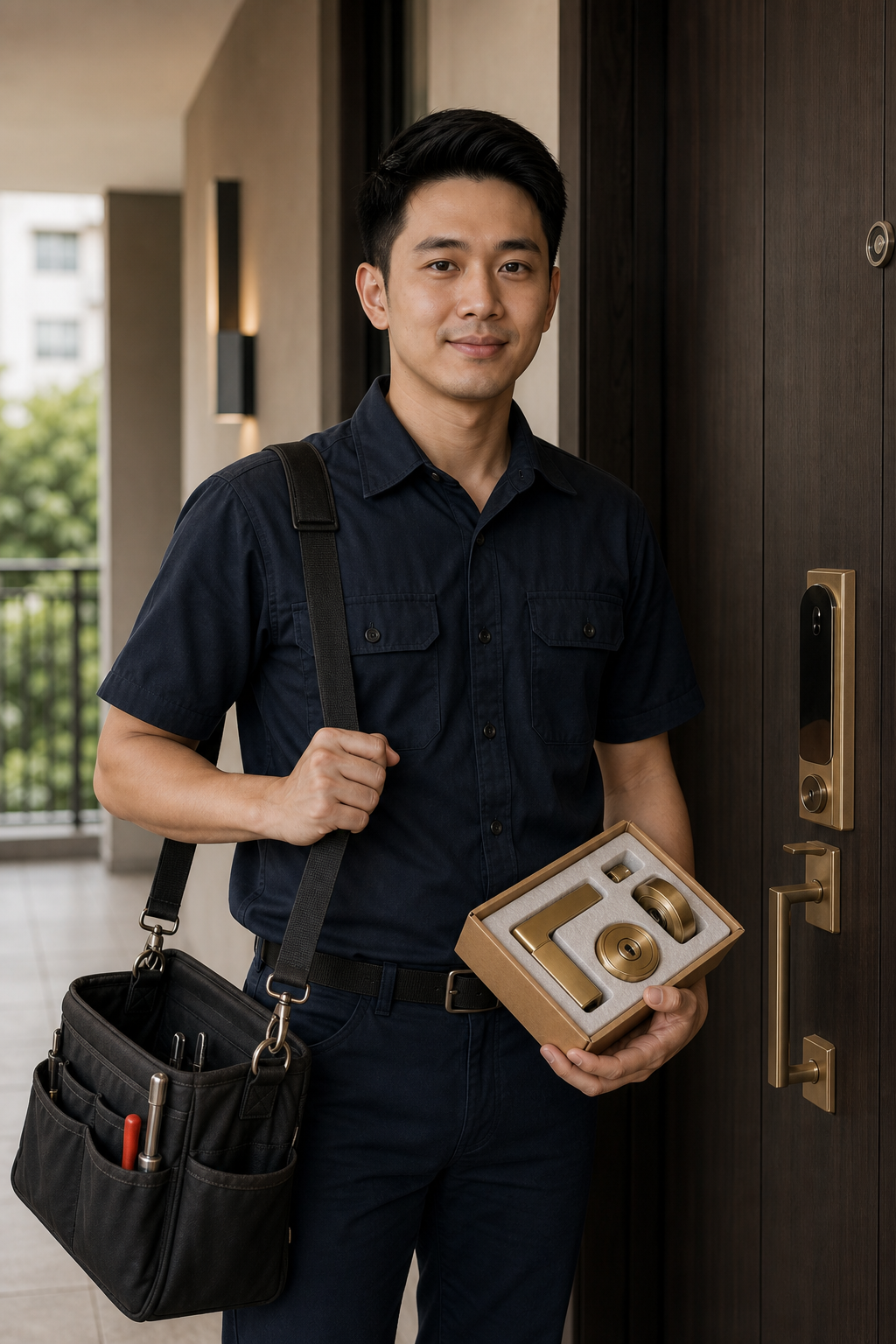 Keyline technician with replacement lock hardware