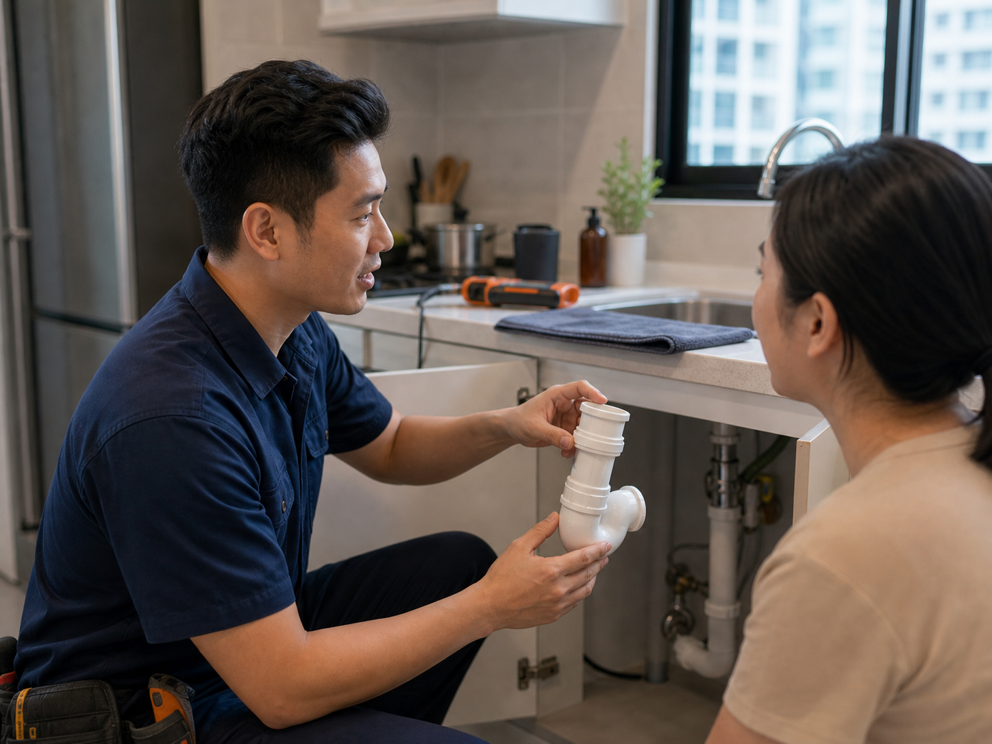 Plumber explaining a replacement pipe fitting after repair