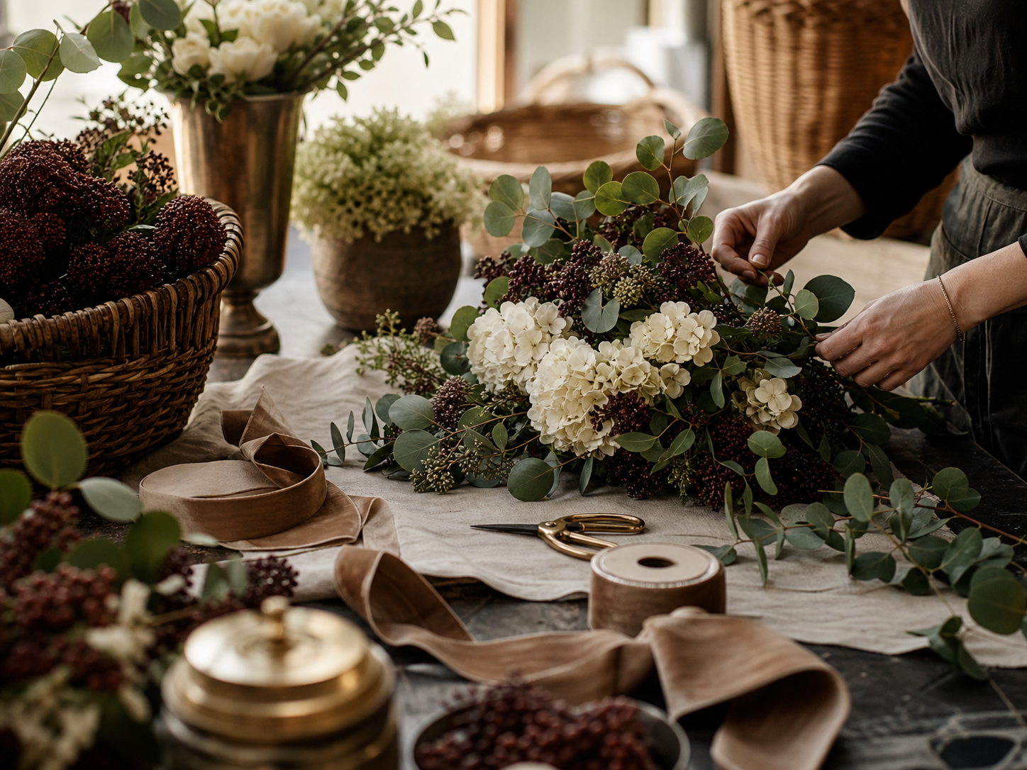 Hands crafting an elegant seasonal wreath in a dark floral atelier